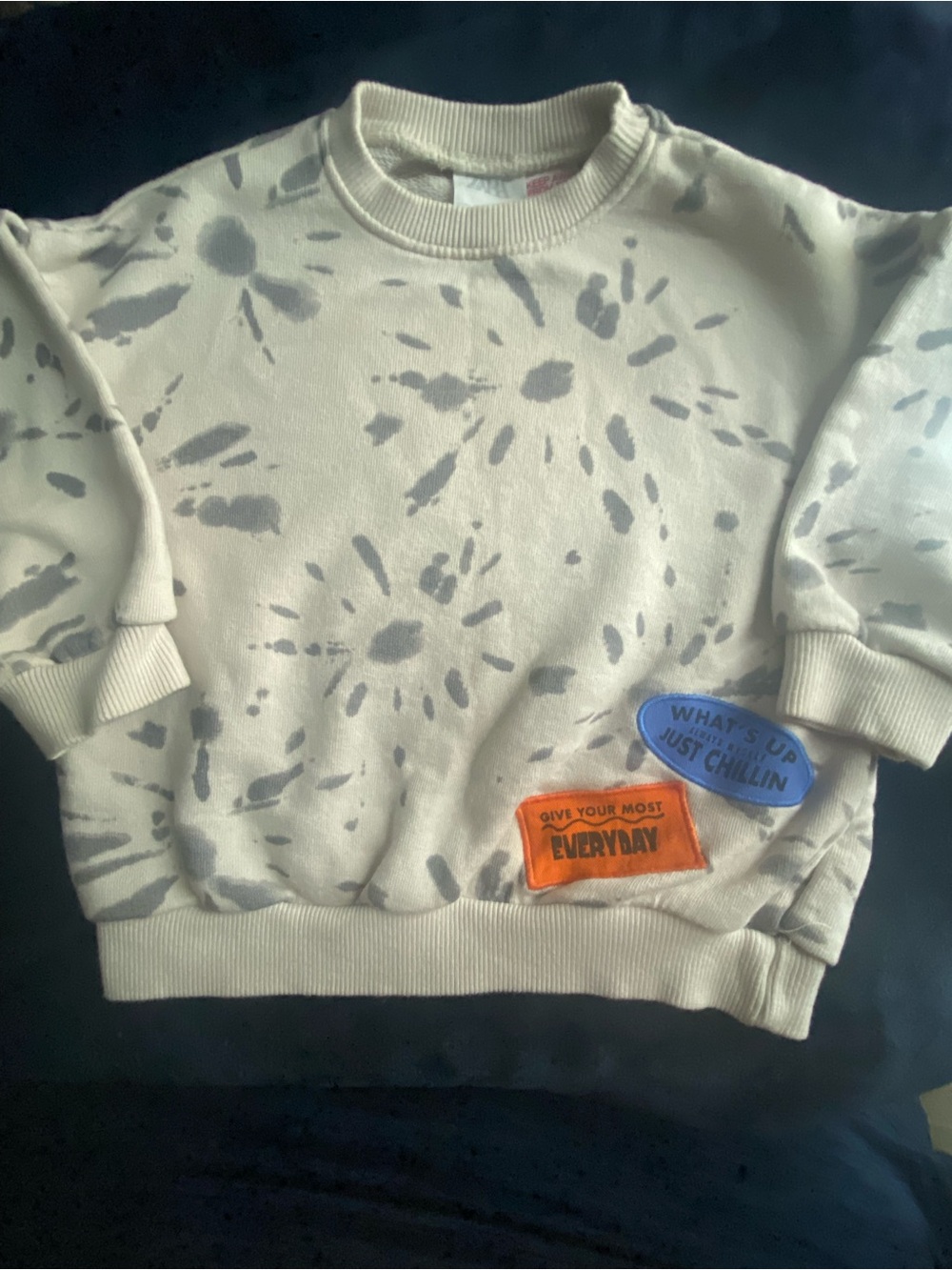 Zara Cream Tie-Dye Sweatshirt with Colorful Patch Accents